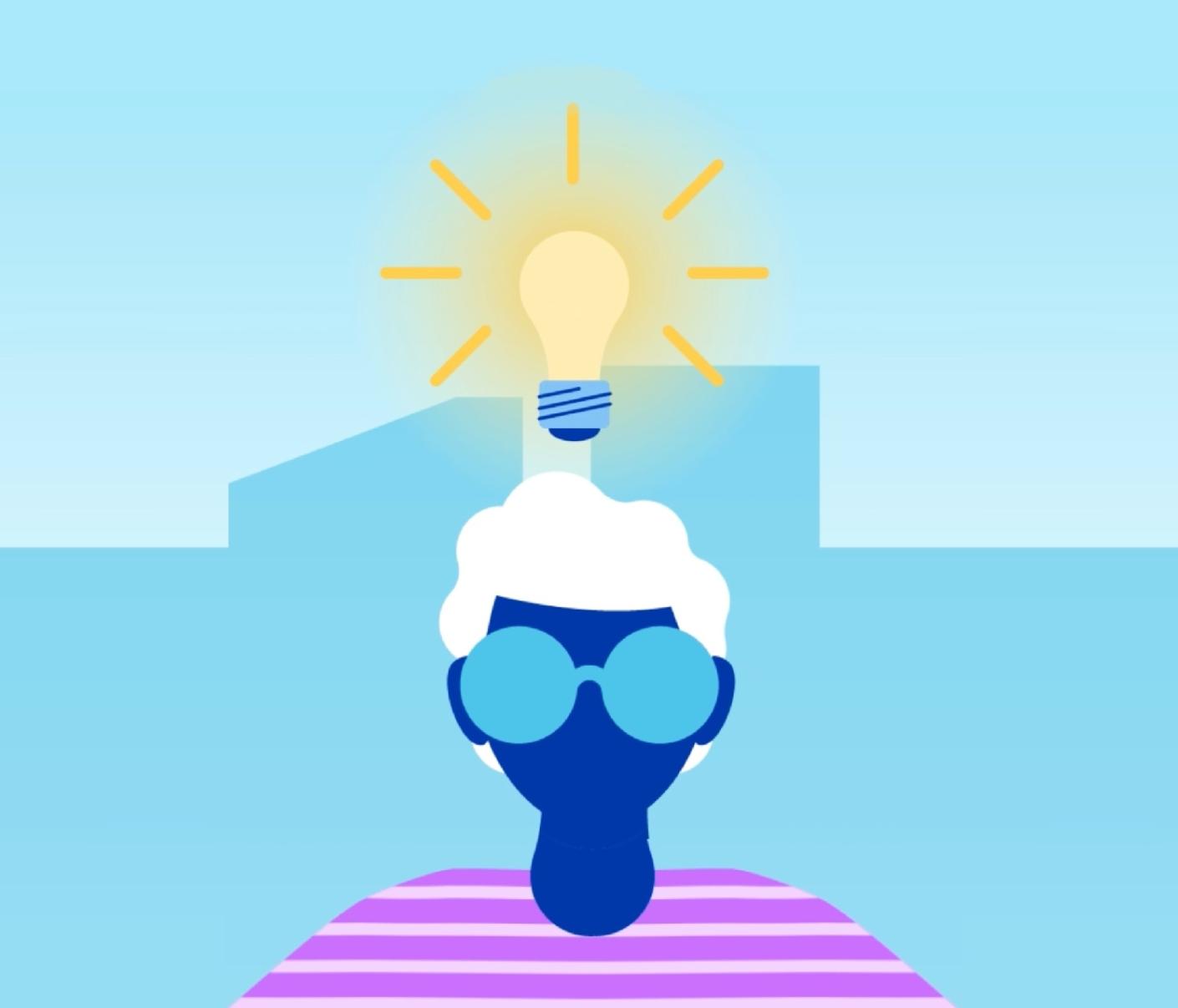 Person mit einer Gl&uuml;hbirne &uuml;ber dem Kopf.